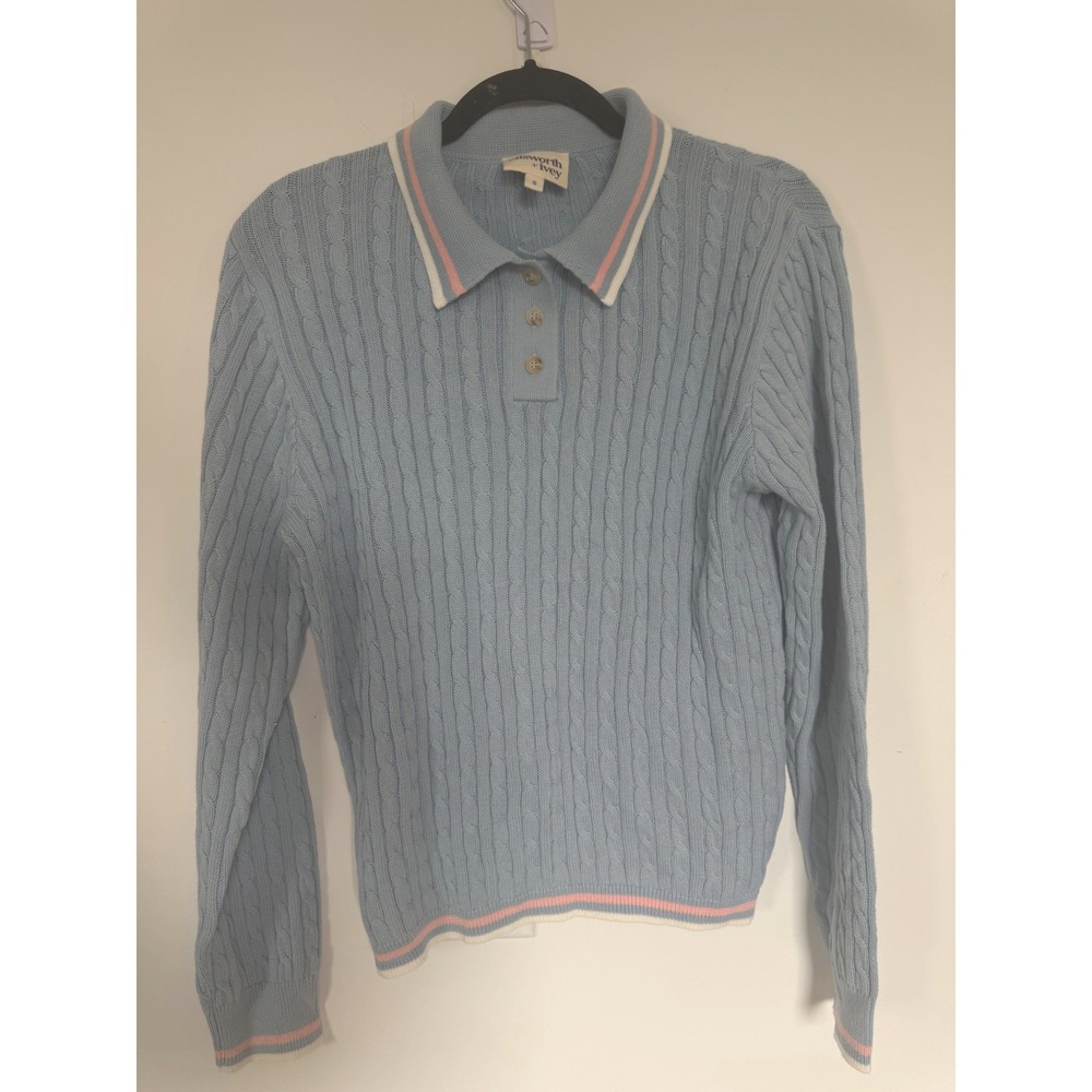 Ellsworth + Ivey Womens Blue Cable Knit Polo Sweater Preppy Old Money Size S